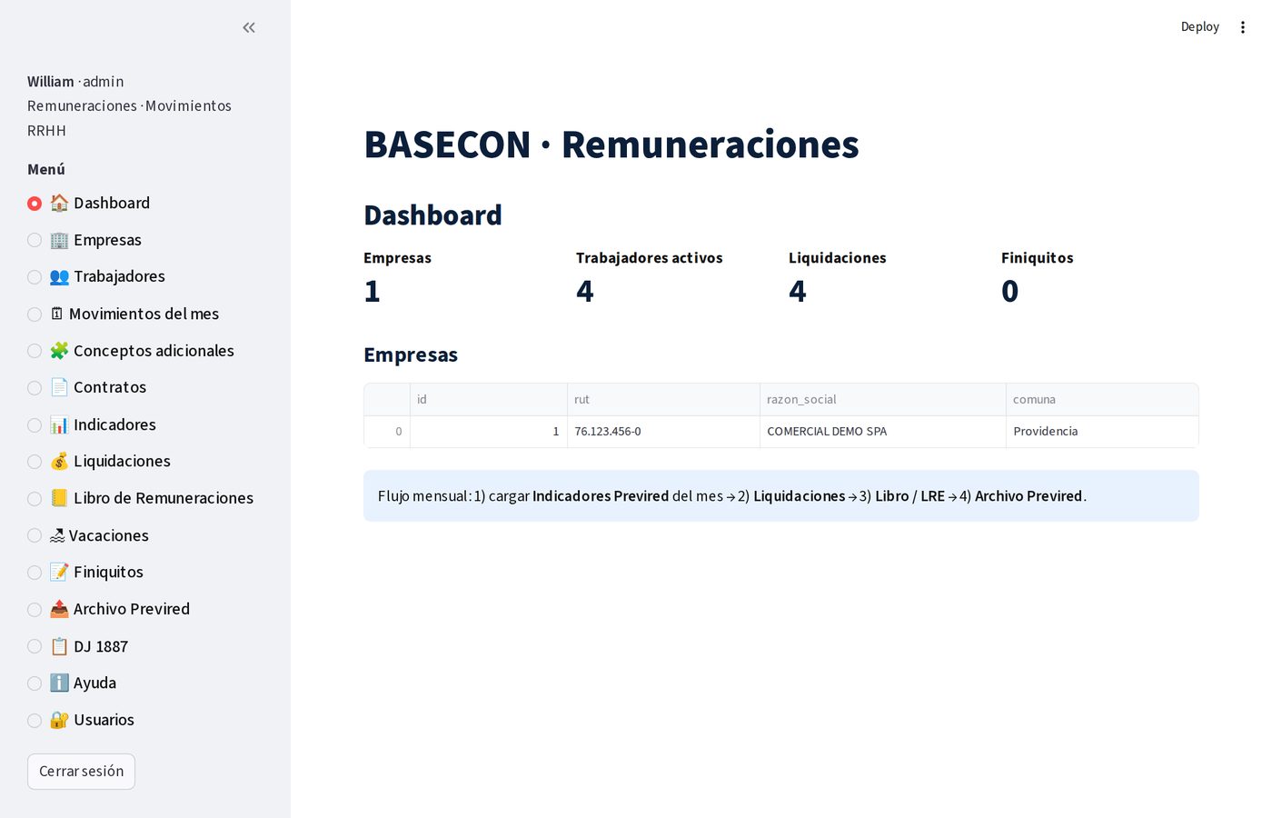 Panel principal de BASECON Remuneraciones